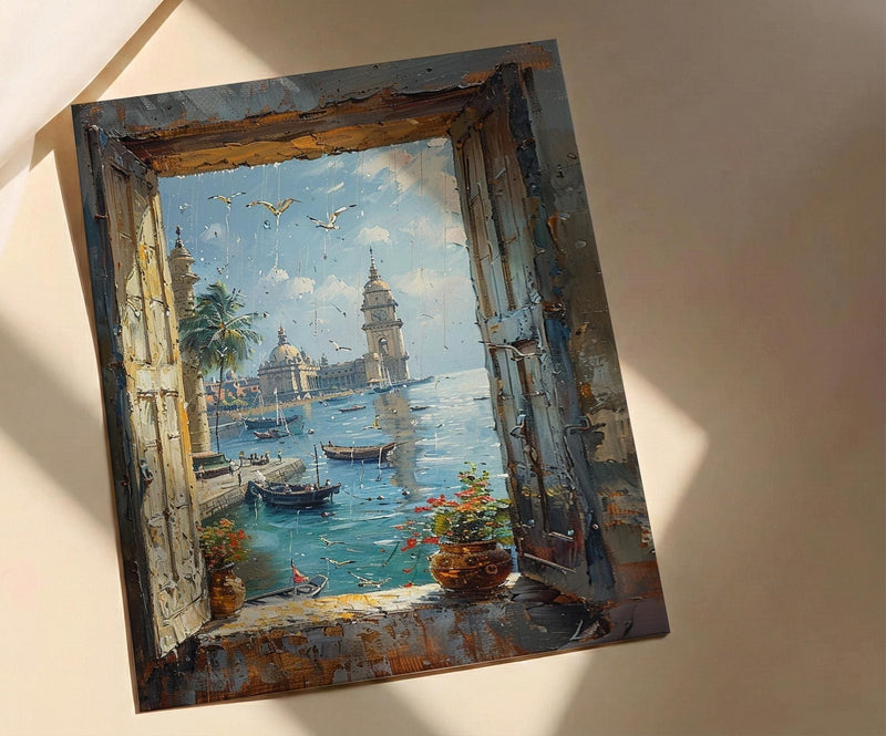 Mumbai Window Poster, Rainy City Wall Decor - Gateway of India Art
