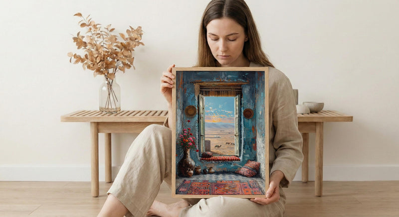 Rajasthan Desert Art Print, Camel Landscape Decor - Boho Pottery Poster