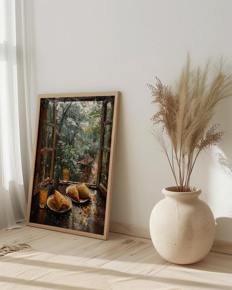 Monsoon Garden Poster, Rainy Window Decor - India Samosa Snack Art