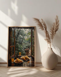 Monsoon Garden Poster, Rainy Window Decor - India Samosa Snack Art