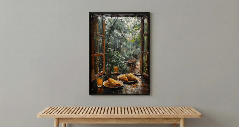 Monsoon Garden Poster, Rainy Window Decor - India Samosa Snack Art