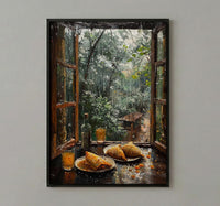 Monsoon Garden Poster, Rainy Window Decor - India Samosa Snack Art