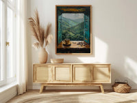 Colombia Window Wall Art, Coffee Farm Decor - Misty Mountain Landscape