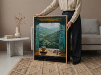 Colombia Window Wall Art, Coffee Farm Decor - Misty Mountain Landscape