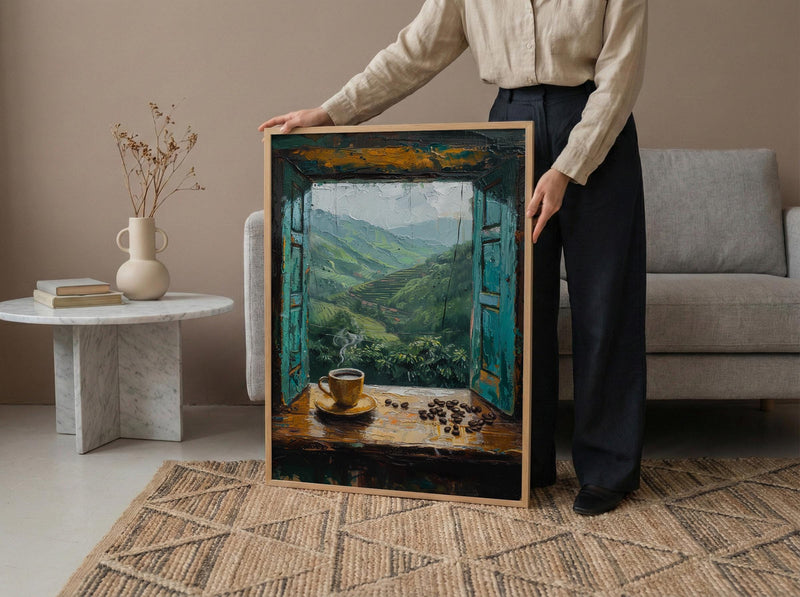 Colombia Window Wall Art, Coffee Farm Decor - Misty Mountain Landscape