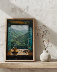 Colombia Window Wall Art, Coffee Farm Decor - Misty Mountain Landscape