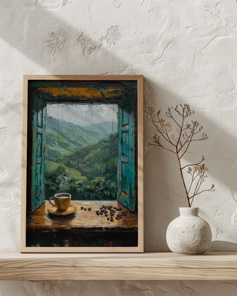 Colombia Window Wall Art, Coffee Farm Decor - Misty Mountain Landscape
