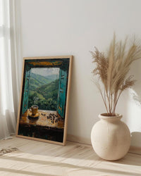 Colombia Window Wall Art, Coffee Farm Decor - Misty Mountain Landscape