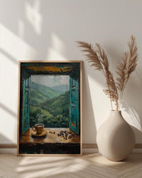 Colombia Window Wall Art, Coffee Farm Decor - Misty Mountain Landscape