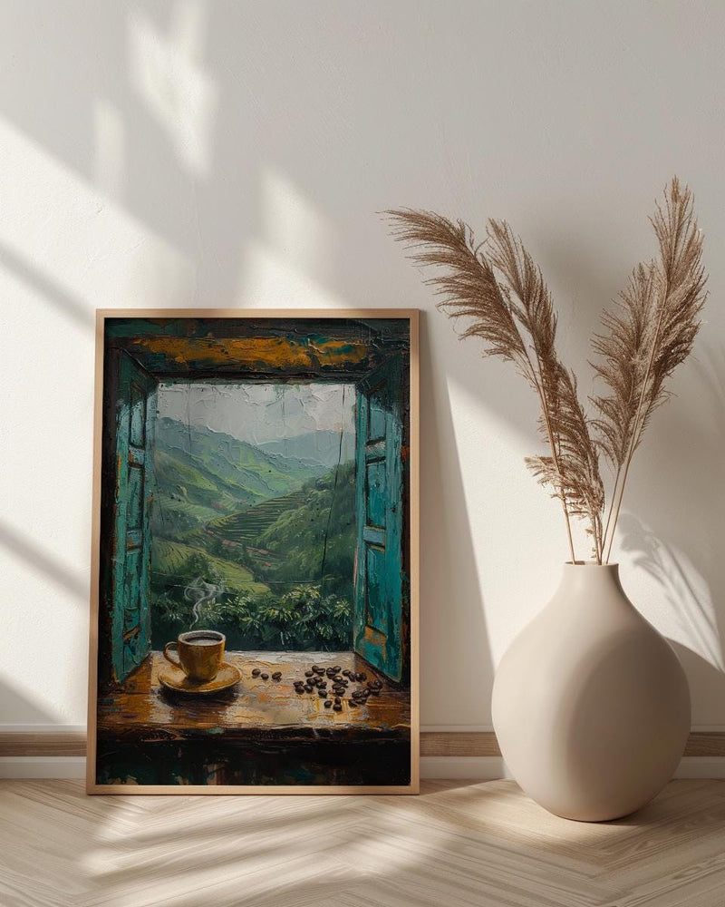 Colombia Window Wall Art, Coffee Farm Decor - Misty Mountain Landscape