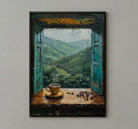 Colombia Window Wall Art, Coffee Farm Decor - Misty Mountain Landscape