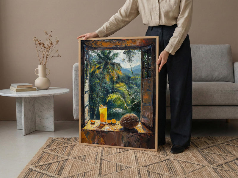 Costa Rica Window Poster, Jungle Rain Decor - Toucan Coconut Art