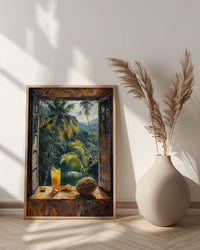 Costa Rica Window Poster, Jungle Rain Decor - Toucan Coconut Art