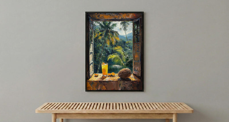 Costa Rica Window Poster, Jungle Rain Decor - Toucan Coconut Art