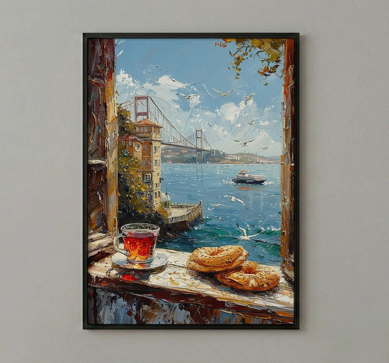 Istanbul Window Art Print, Bosphorus Decor - Turkish Tea Simit View