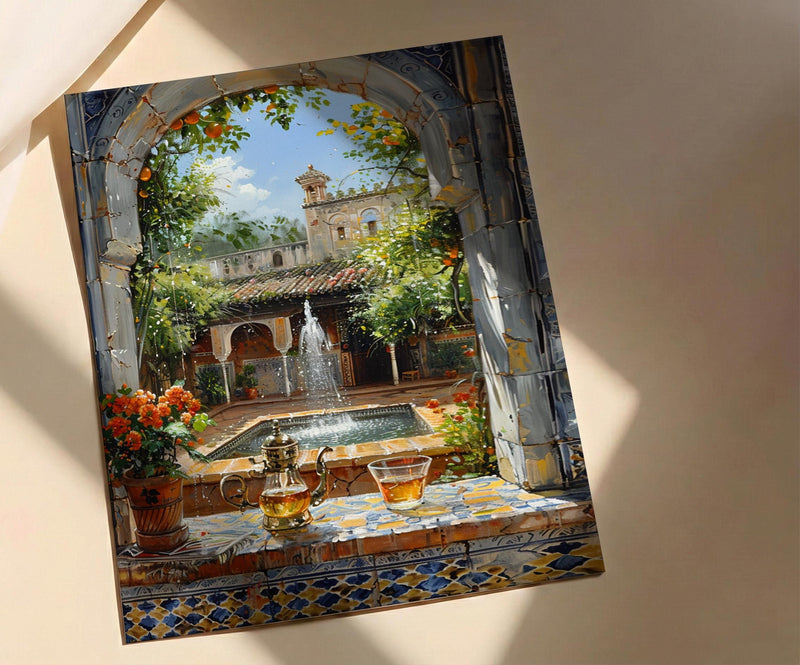 Morocco Riad Window Poster, Courtyard Decor - Mint Tea Boho Art