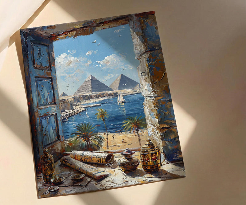 Egypt Window Wall Art, Great Pyramid Decor - Sphinx Desert Landscape