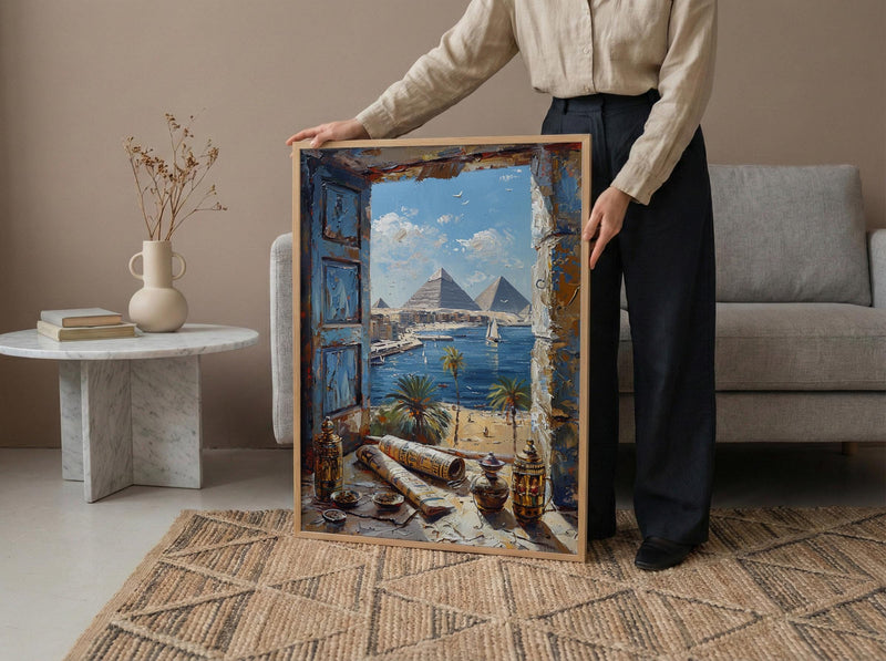 Egypt Window Wall Art, Great Pyramid Decor - Sphinx Desert Landscape