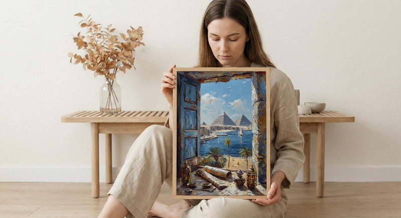 Egypt Window Wall Art, Great Pyramid Decor - Sphinx Desert Landscape