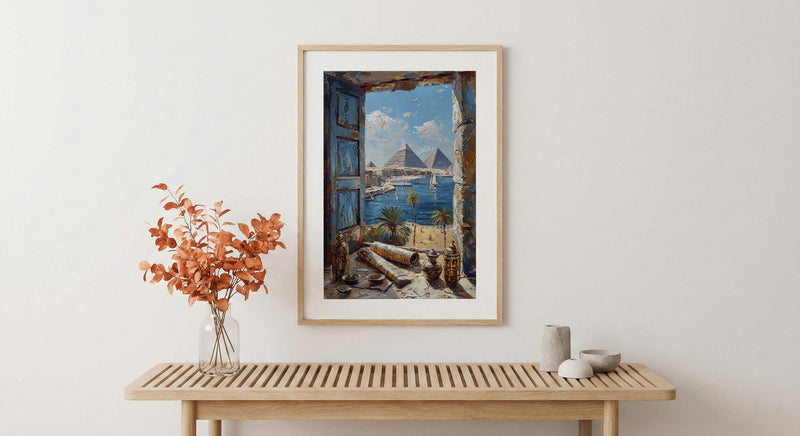 Egypt Window Wall Art, Great Pyramid Decor - Sphinx Desert Landscape
