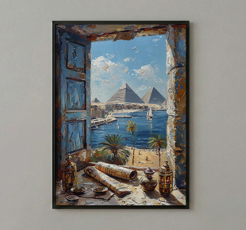 Egypt Window Wall Art, Great Pyramid Decor - Sphinx Desert Landscape