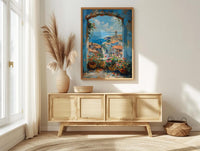 Chefchaouen Window Art Print, Blue City Decor - Woven Basket Landscape