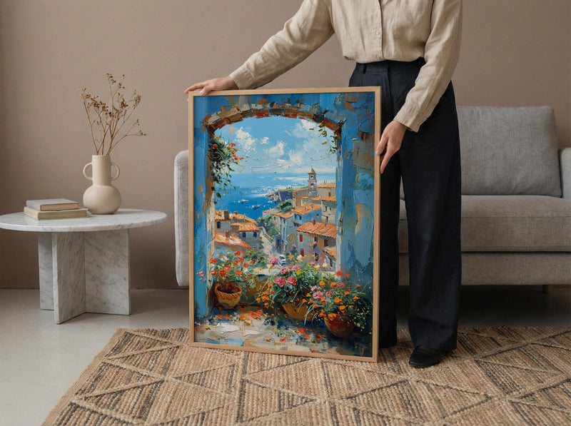 Chefchaouen Window Art Print, Blue City Decor - Woven Basket Landscape