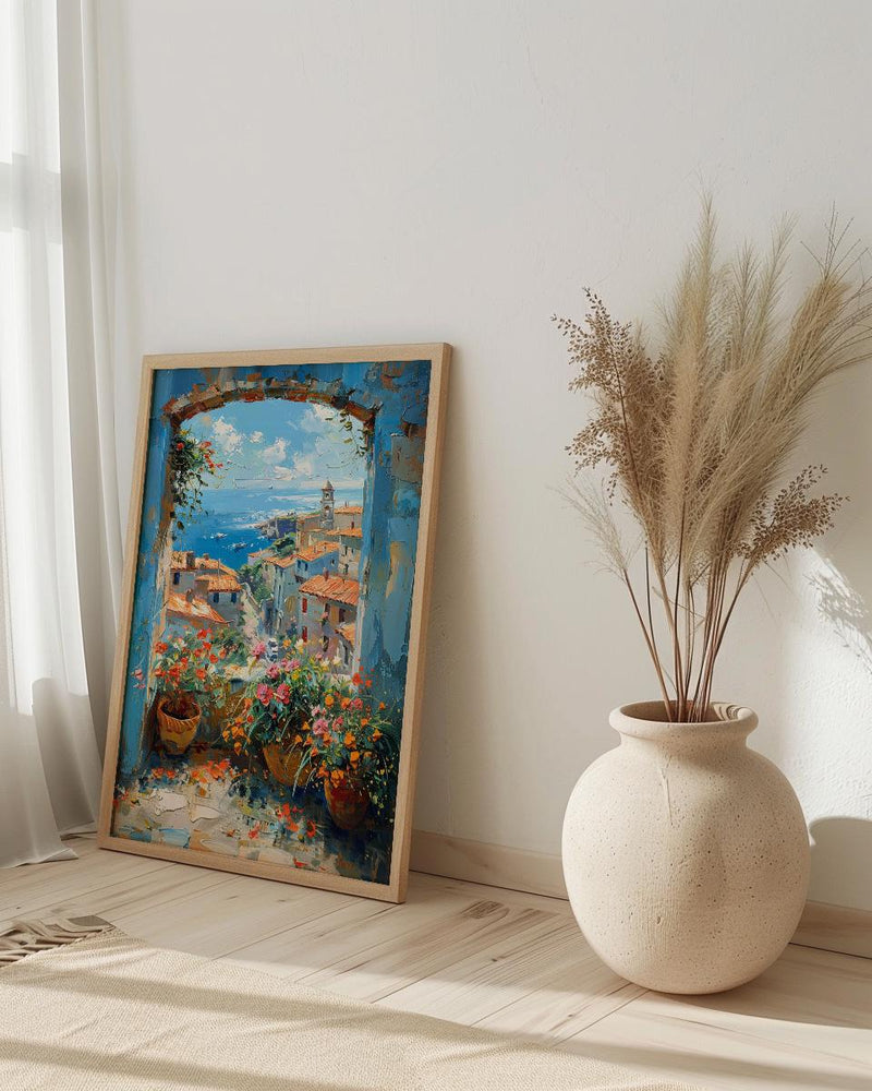 Chefchaouen Window Art Print, Blue City Decor - Woven Basket Landscape
