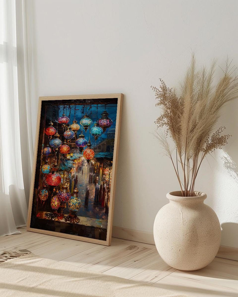 Bazaar Window Poster, Mosaic Lamp Decor - Night Market Street Art