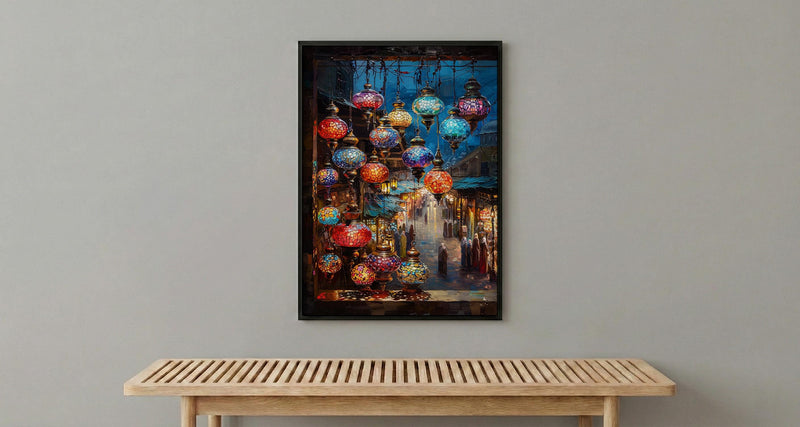 Bazaar Window Poster, Mosaic Lamp Decor - Night Market Street Art