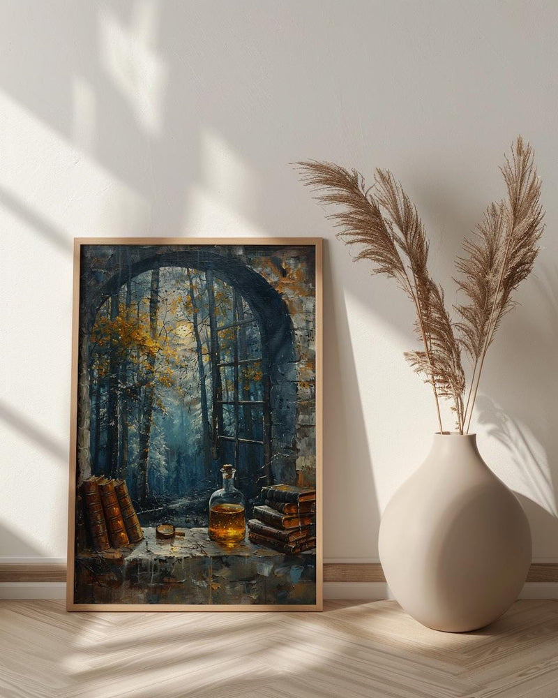 Witchy Window Art Print, Gothic Forest Decor - Potion Bottle Landscape