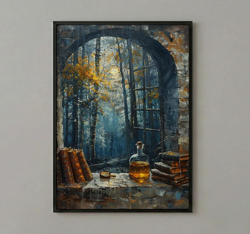 Witchy Window Art Print, Gothic Forest Decor - Potion Bottle Landscape