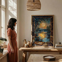 Full Moon Window Wall Art, Tarot Card Decor - Celestial Night Landscape