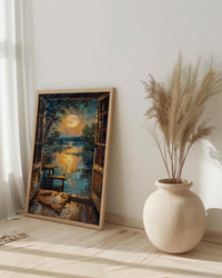Full Moon Window Wall Art, Tarot Card Decor - Celestial Night Landscape