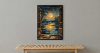 Full Moon Window Wall Art, Tarot Card Decor - Celestial Night Landscape