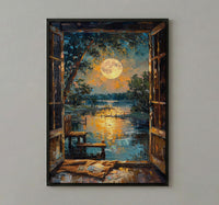 Full Moon Window Wall Art, Tarot Card Decor - Celestial Night Landscape