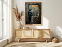 Gothic Window Wall Art, Graveyard Decor - Black Raven Foggy Landscape
