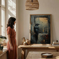 Gothic Window Wall Art, Graveyard Decor - Black Raven Foggy Landscape