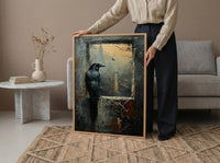 Gothic Window Wall Art, Graveyard Decor - Black Raven Foggy Landscape