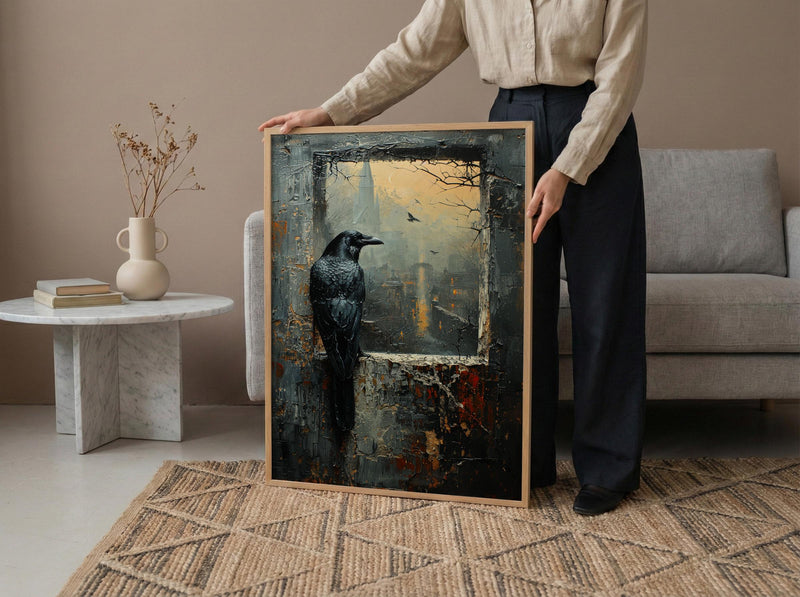 Gothic Window Wall Art, Graveyard Decor - Black Raven Foggy Landscape