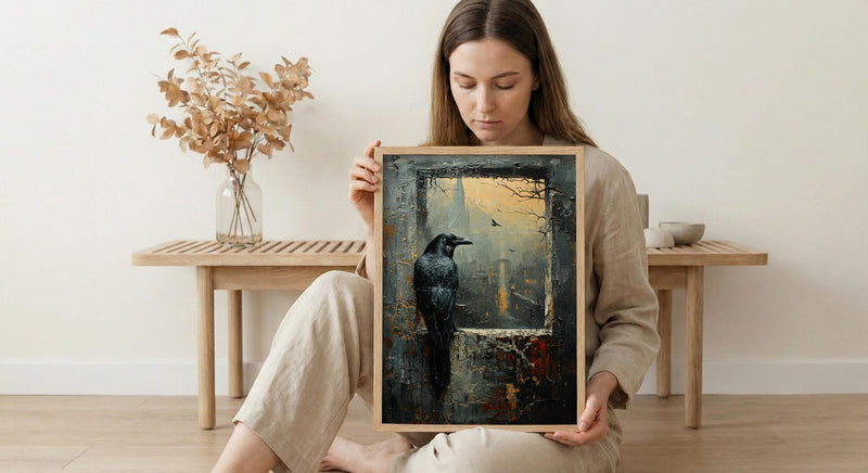 Gothic Window Wall Art, Graveyard Decor - Black Raven Foggy Landscape