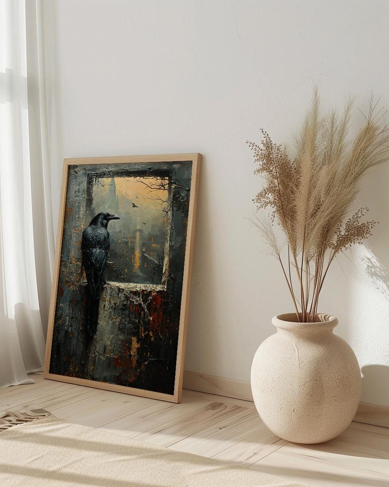 Gothic Window Wall Art, Graveyard Decor - Black Raven Foggy Landscape