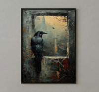 Gothic Window Wall Art, Graveyard Decor - Black Raven Foggy Landscape