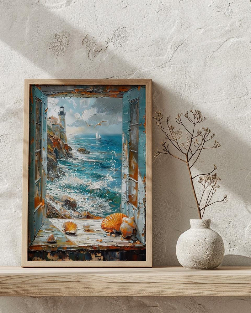 Mermaid Window Art Print, Stormy Ocean Wall Decor - Pearl Sea Shell Landscape