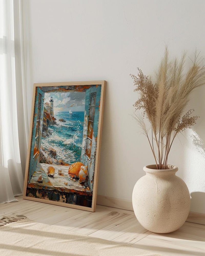 Mermaid Window Art Print, Stormy Ocean Wall Decor - Pearl Sea Shell Landscape