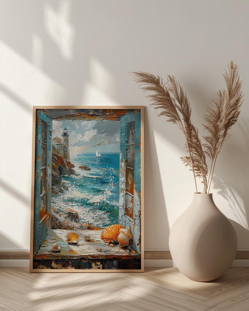 Mermaid Window Art Print, Stormy Ocean Wall Decor - Pearl Sea Shell Landscape