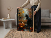 Halloween Window Wall Art, Black Cat Decor - Pumpkin Patch Rainy View