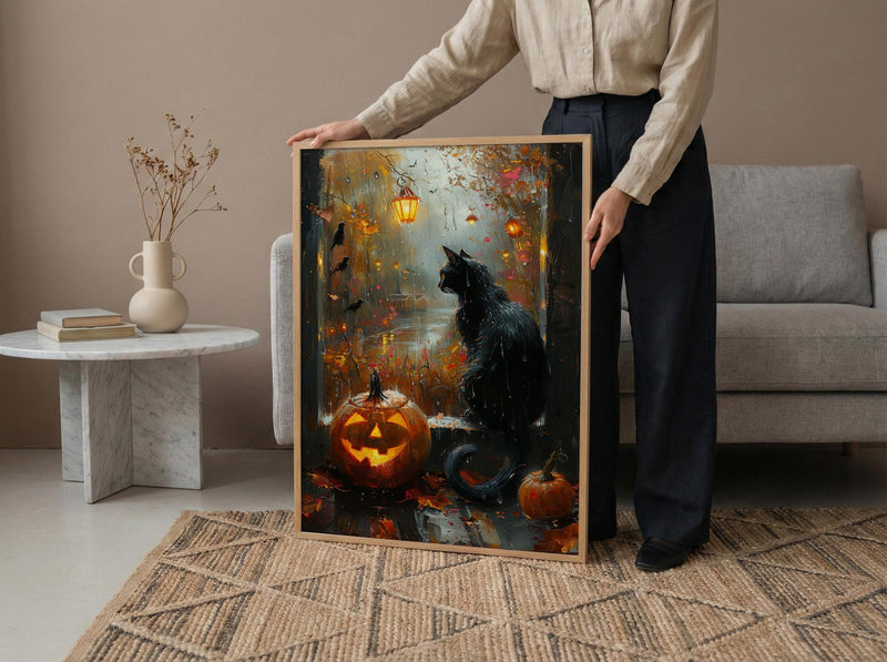 Halloween Window Wall Art, Black Cat Decor - Pumpkin Patch Rainy View