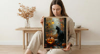 Halloween Window Wall Art, Black Cat Decor - Pumpkin Patch Rainy View