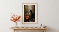 Halloween Window Wall Art, Black Cat Decor - Pumpkin Patch Rainy View